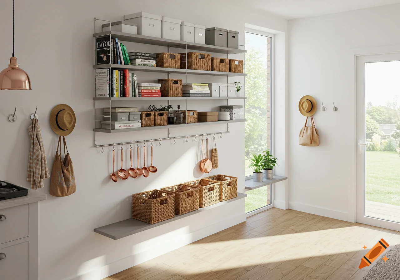 A bright, organized kitchen or utility room with open shelving, baskets, books, and hanging copper utensils.