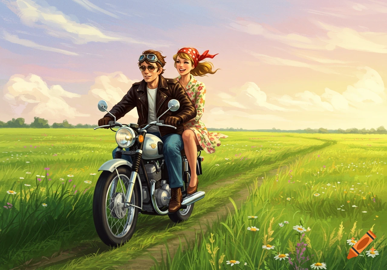 A 1960s couple rides a vintage motorcycle through a green field, illustration.