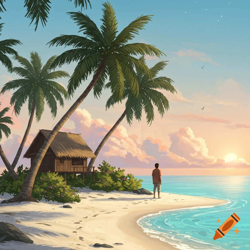 An illustrated scene of a person on a tropical beach with palm trees and a hut, looking out at the ocean during sunset.