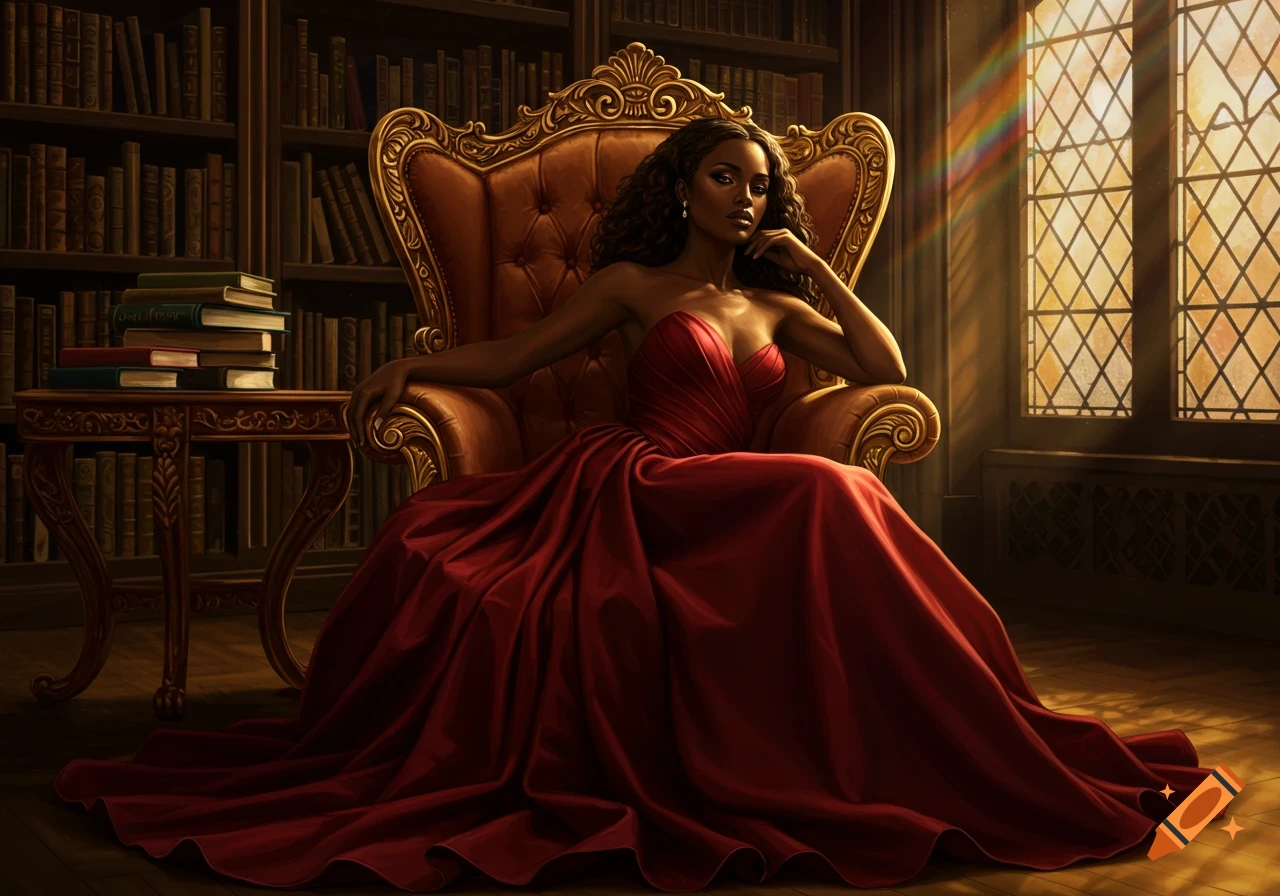 A beautiful woman with dark skin in a flowing red gown sits regally in a golden armchair in a library, bathed in sunlight from a large window. Digital painting.