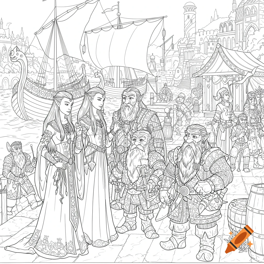Bold black and white line art coloring page of elves and dwarves bustling in an ancient river port.