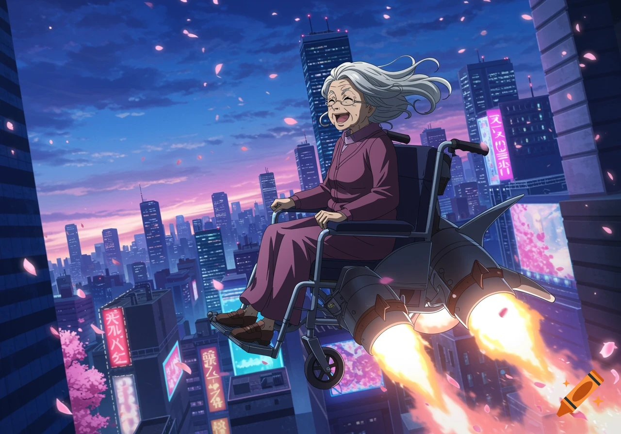 An ecstatic old woman in an anime style flies over a city at sunset in a rocket-powered wheelchair with cherry blossom petals falling.