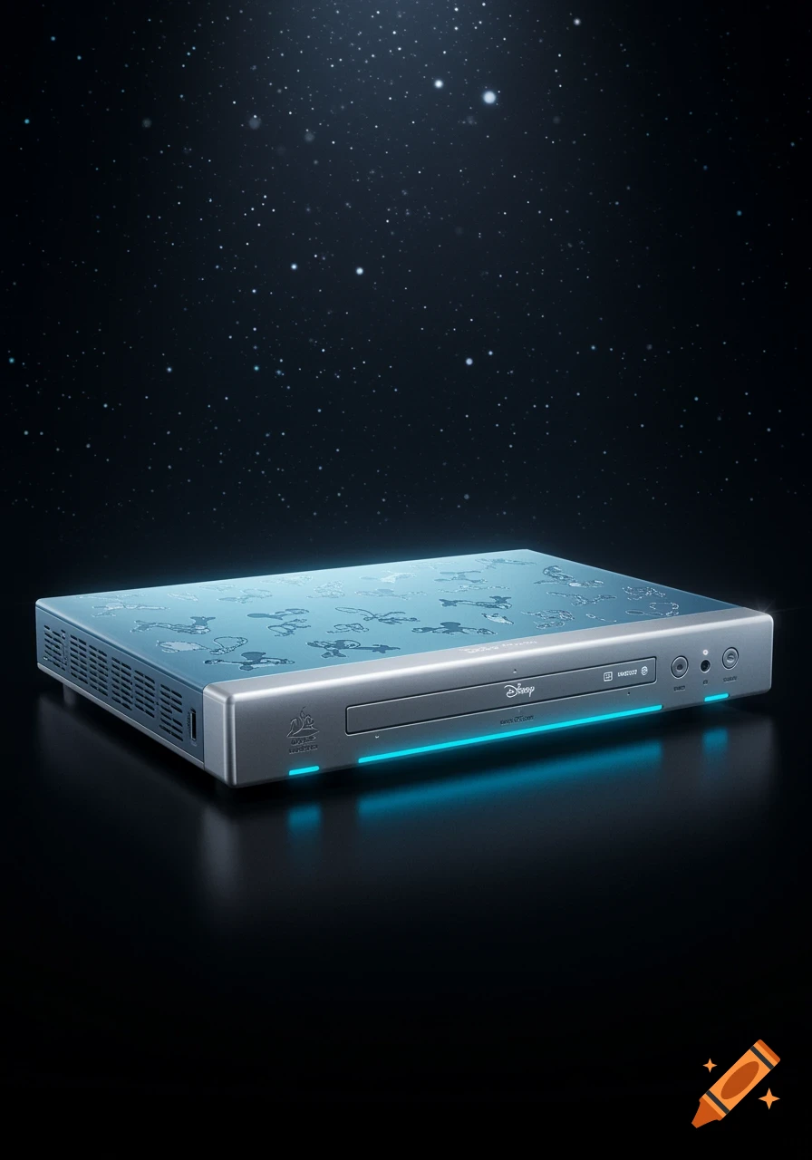 A sleek silver DVD player with a glowing blue light strip and an embossed Mickey Mouse pattern on top, set against a dark, starry background.