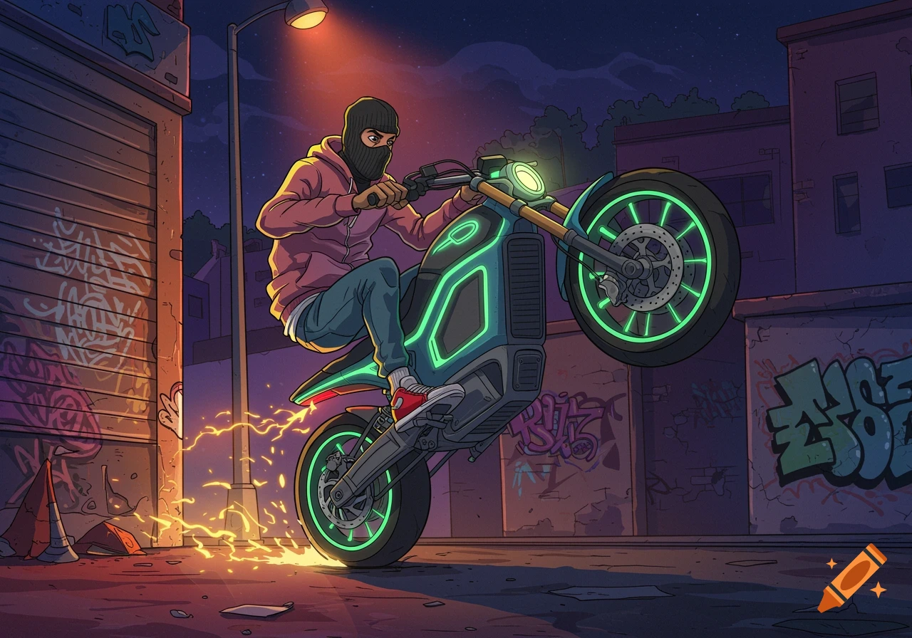 Cartoon man in a balaclava doing a wheelie on a glowing electric motorcycle in a graffiti-filled urban alley at night.