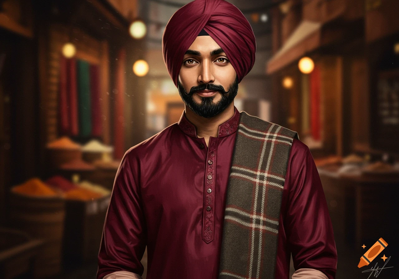A man in a red turban, maroon kurta, and plaid shawl stands in a blurred market with spices.