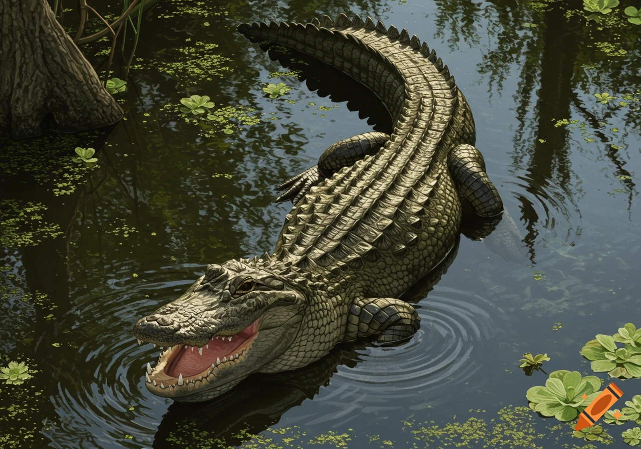 A photorealistic top-down view of an alligator floating in dark water with its mouth open, surrounded by green lily pads and a tree trunk.