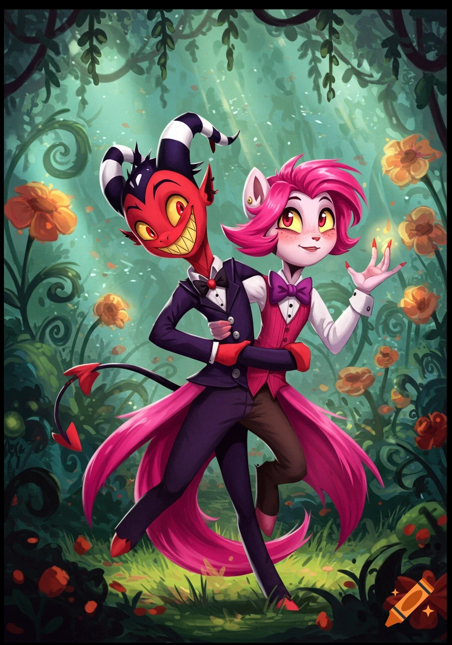 A colorful cartoon illustration of two stylized characters, a red demon with horns and a pink cat-like creature, embracing in a vibrant fantasy forest.