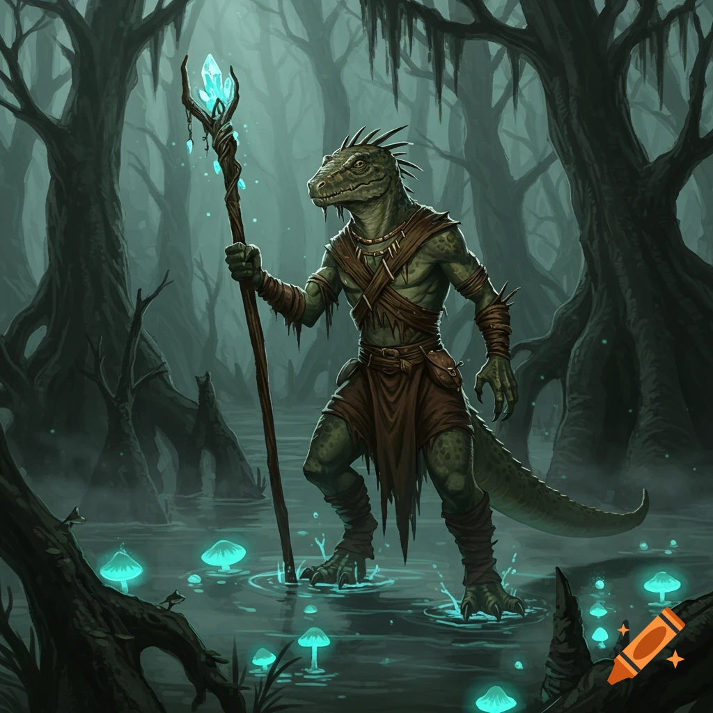 A green lizardfolk shaman stands in a misty swamp holding a glowing crystal staff, with luminescent blue mushrooms. Fantasy art.