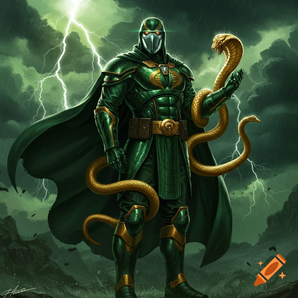A masked figure in green and gold armor with a cape stands in a stormy landscape, holding a golden cobra, with lightning striking in the background. Comic art style.