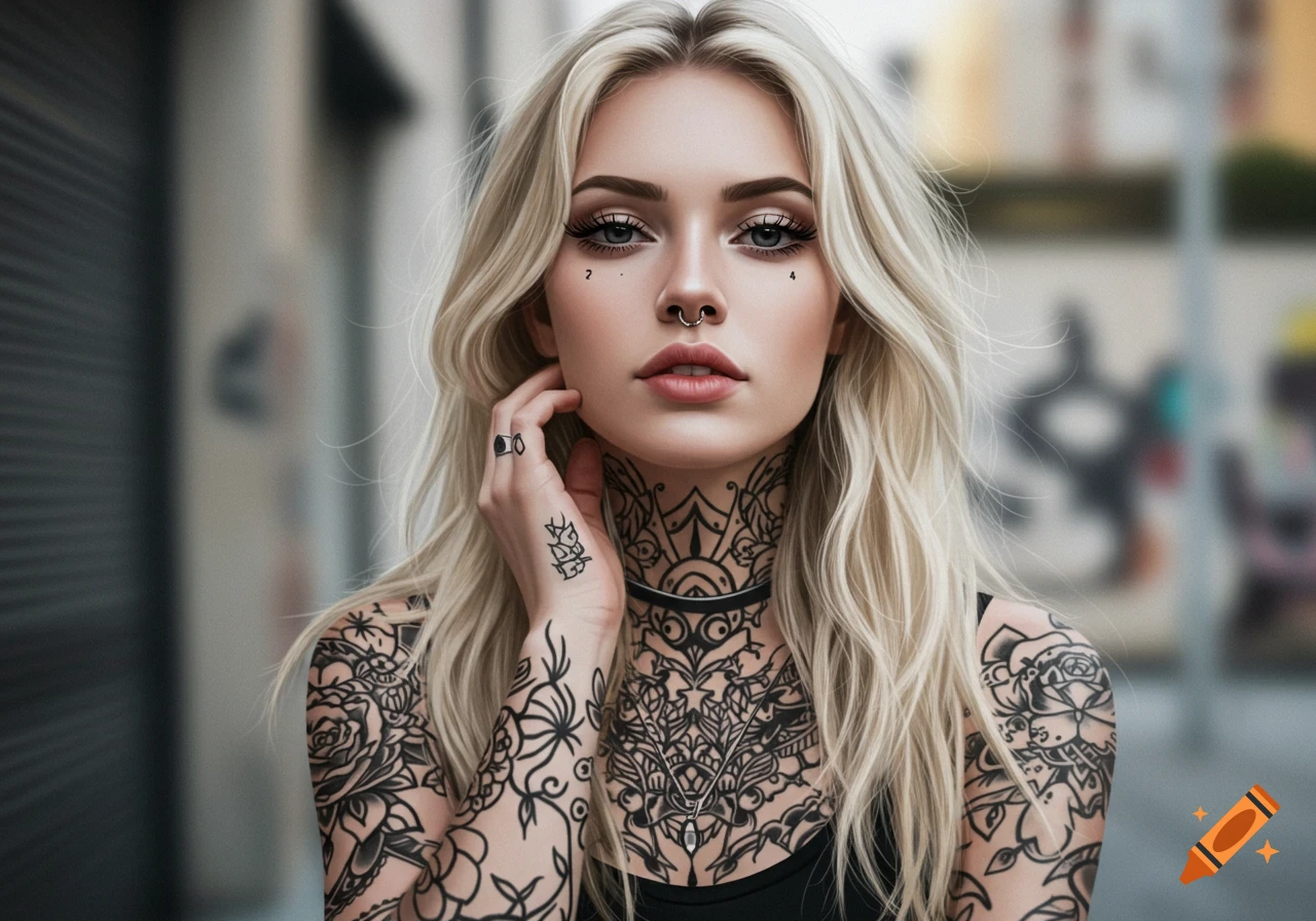 Photorealistic portrait of a young blonde woman with a nose ring and full arm and neck tattoos, looking directly forward.