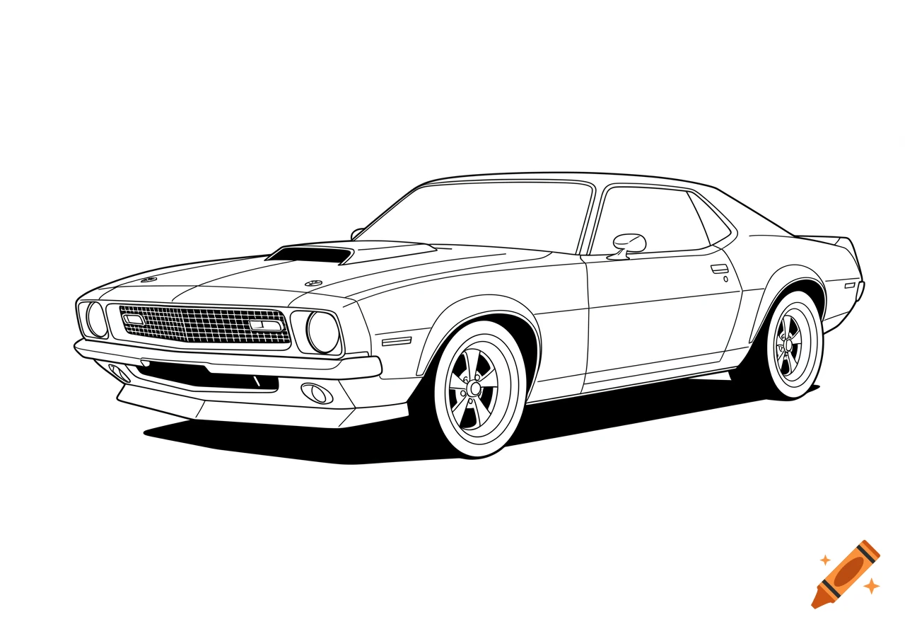 Black and white vector line drawing of a classic muscle car, coloring book style.