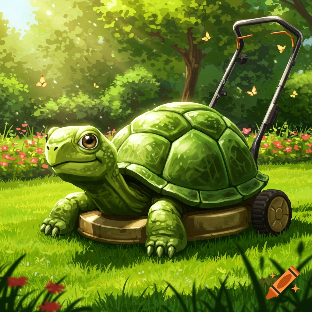 A whimsical green cartoon turtle with a lawnmower for a body, in a sunny garden with flowers and butterflies.