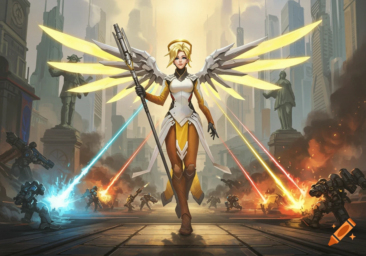 Mercy from Overwatch stands in a futuristic city battlefield with glowing wings and staff, as robots and soldiers fire lasers.