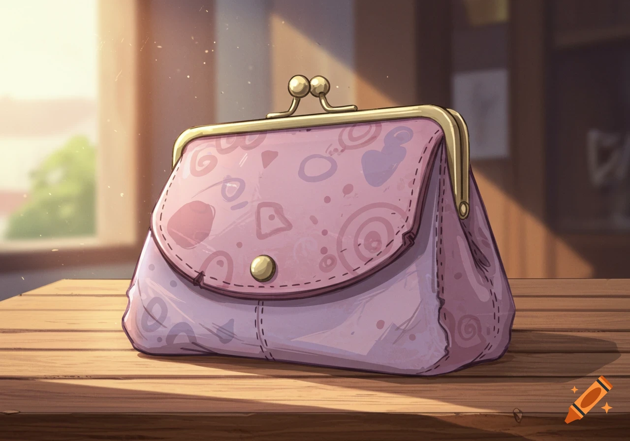 A pink cartoonish coin purse with abstract patterns sits on a wooden table, in an imperfect drawing style.