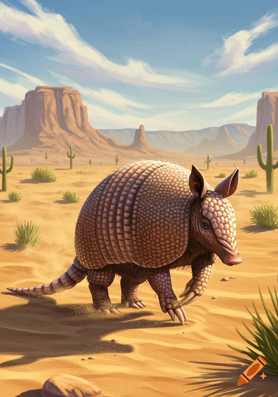 An armadillo walks across a sunny, sandy desert landscape with distant mesas and saguaro cacti, in an illustrated style.