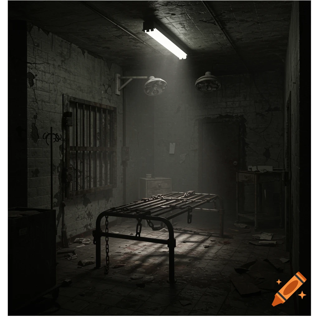 A dark, photorealistic image of a dilapidated asylum room with a chained metal bed, barred window, and dim lighting.