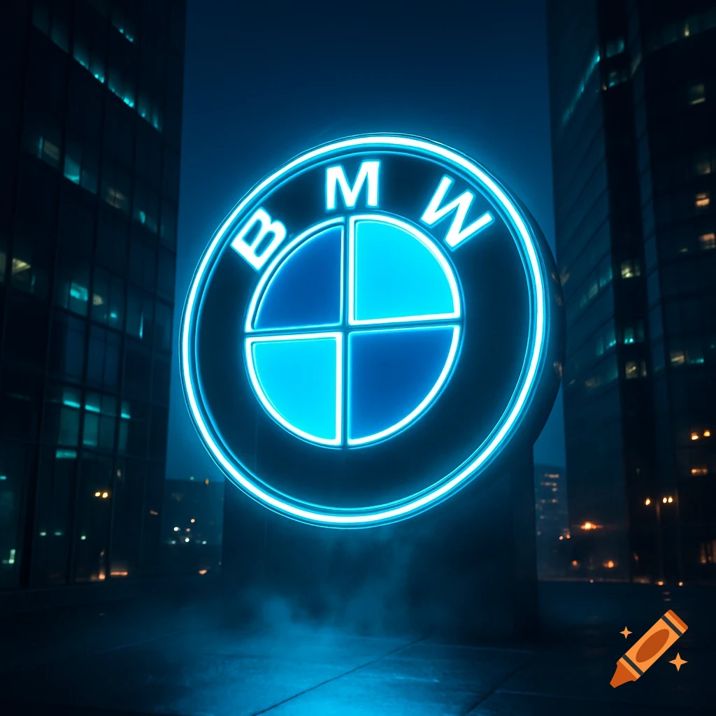 A neon blue BMW logo sign stands prominently between two dark skyscrapers at night, with light smoke on the ground.