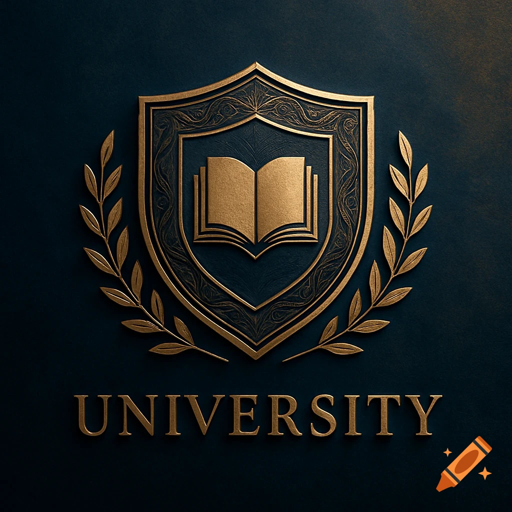 Gold university logo emblem with an open book in a shield and laurel wreath, with 'UNIVERSITY' text below on a dark background.