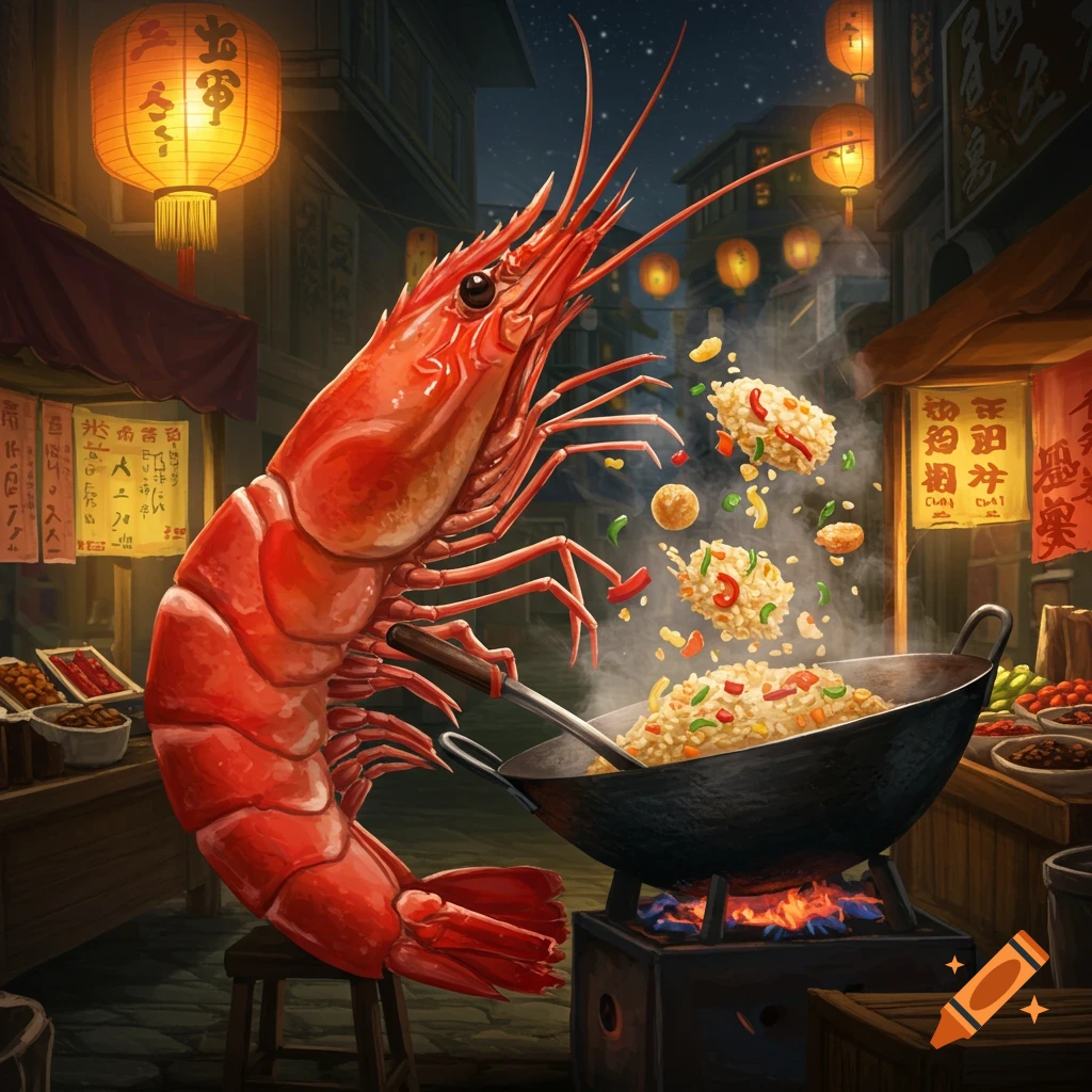 A giant red shrimp cooks fried rice in a wok on a street food stall at night, surrounded by glowing lanterns and other stalls, in an illustrative style.