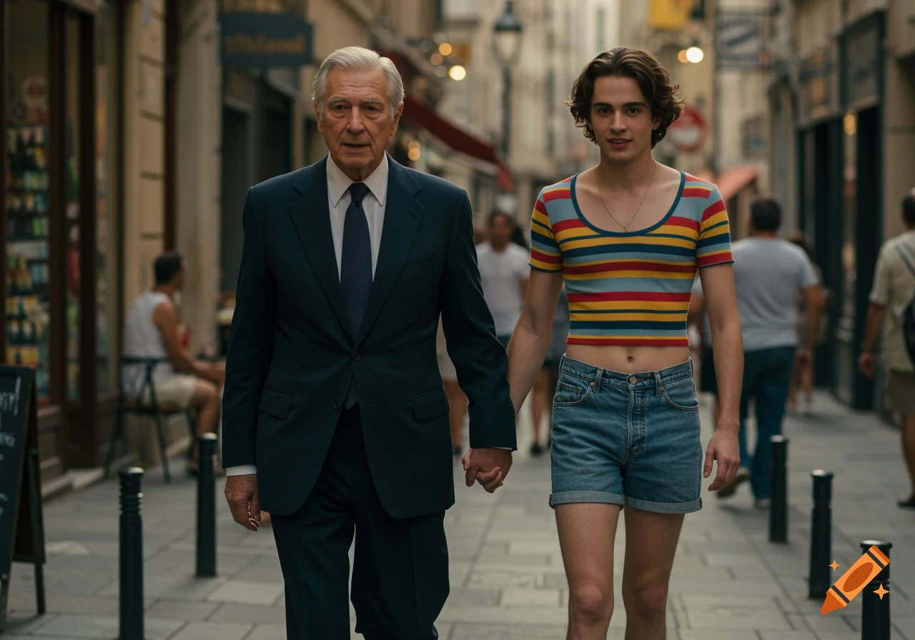 An older man in a suit and a young man in shorts and a crop top holding hands while walking on a street.