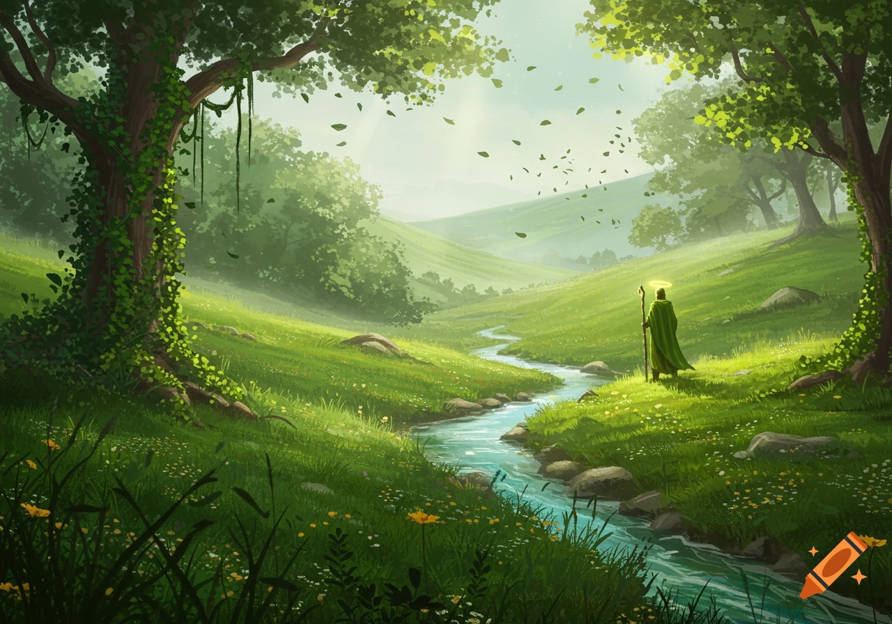 Digital painting of a figure with a halo and staff in a vibrant green valley with a winding river.