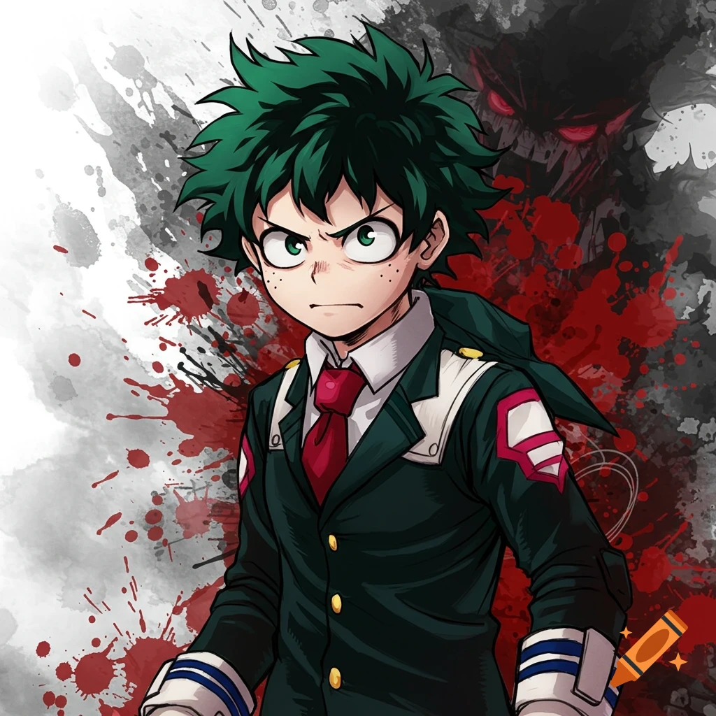 Anime illustration of Izuku Midoriya in a school uniform with a stern expression, against a grey and red splatter background with a shadowy figure.