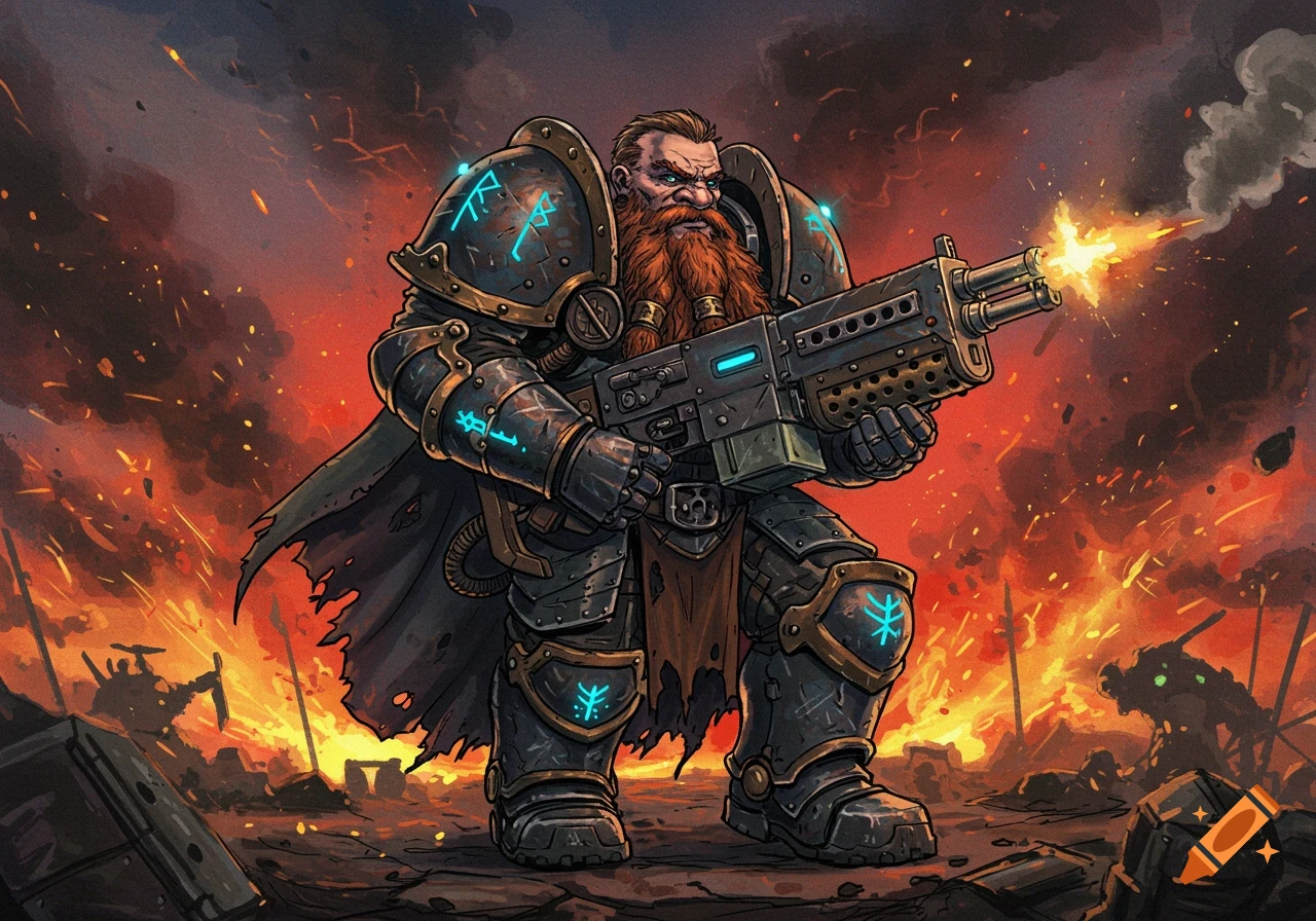 A stylized illustration of a dwarf in runic power armor firing a heavy machine gun on a fiery battlefield.