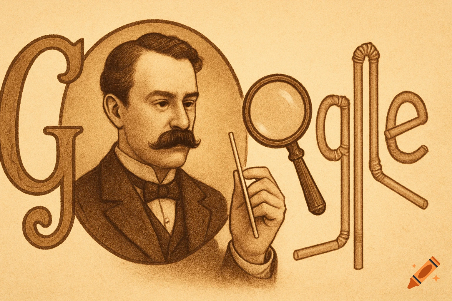 A vintage-style illustration of Marvin Stone, inventor of the drinking straw, next to the word 'Google' formed by a large G, a magnifying glass, and drinking straws.
