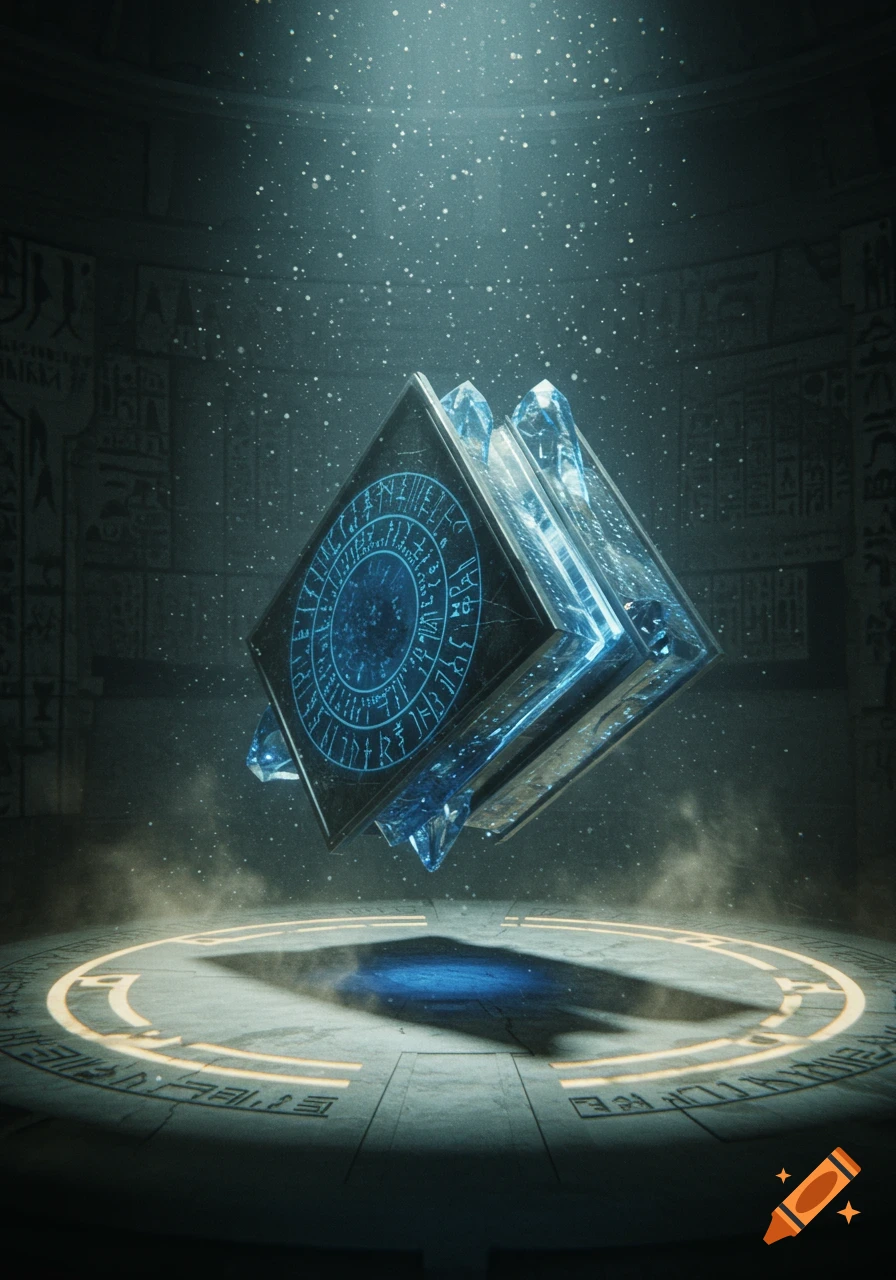 A mystical blue crystalline cube floats in a dark, ancient chamber with glowing symbols and hieroglyphs.