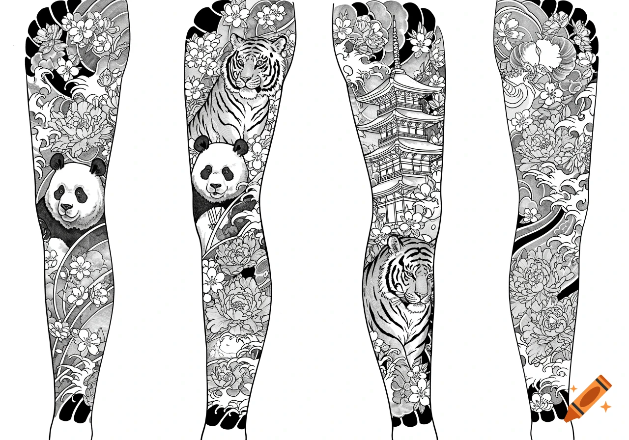 Four black and white Japanese leg sleeve tattoo designs with pandas, tigers, a pagoda, flowers, and waves.