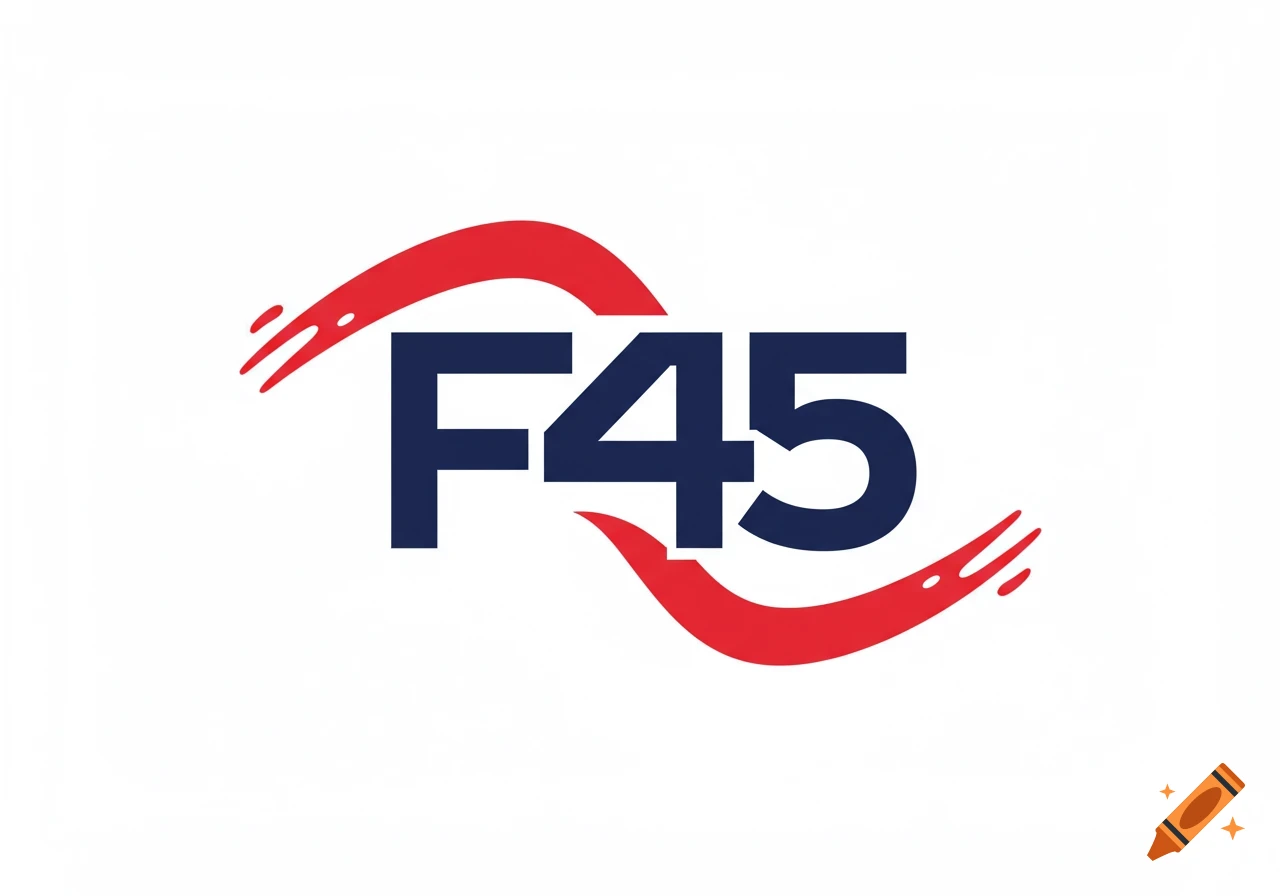 A blue 'F45' logo with red curved lines resembling a flag on a white background.