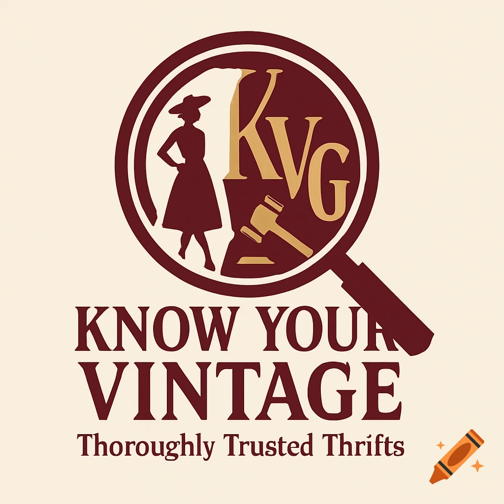 A vintage-style logo for 'Know Your Vintage' featuring a magnifying glass with 'KVG', a woman, and a gavel, and the byline 'Thoroughly Trusted Thrifts'.