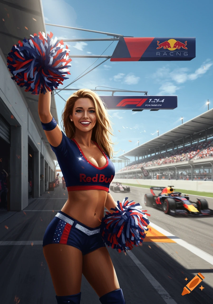 A smiling female cheerleader in a blue and red outfit holds pom-poms at a sunny Formula 1 racetrack with cars.