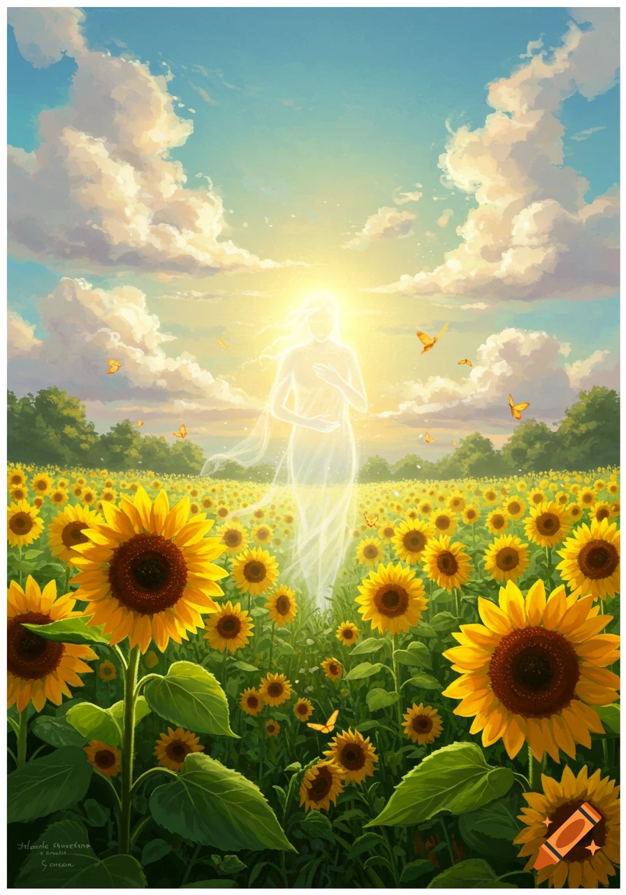 An ethereal glowing figure stands in a vibrant field of sunflowers under a bright, cloudy sky with butterflies.
