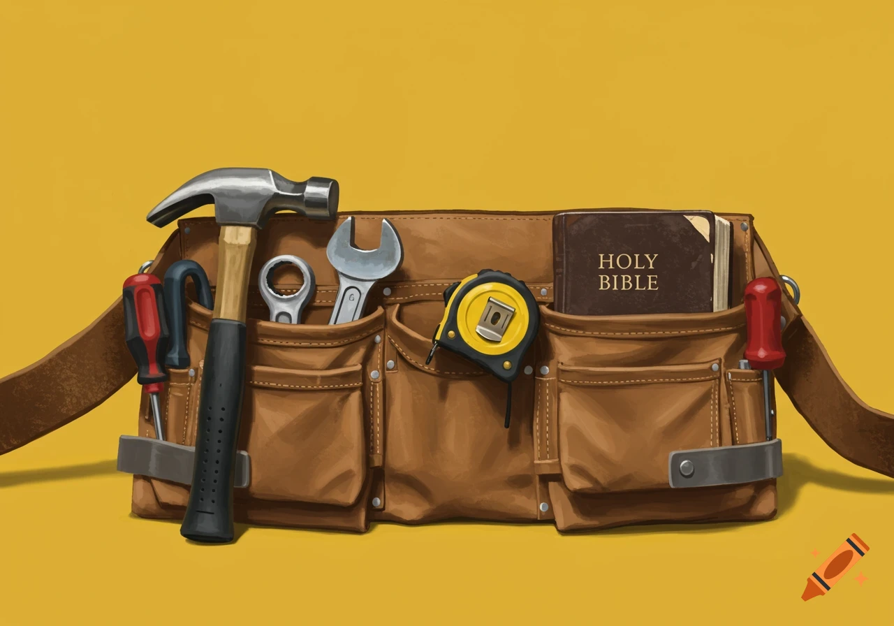 A brown leather tool belt holding tools like a hammer and wrench, with a "Holy Bible" book, against a plain yellow background, in an illustration style.