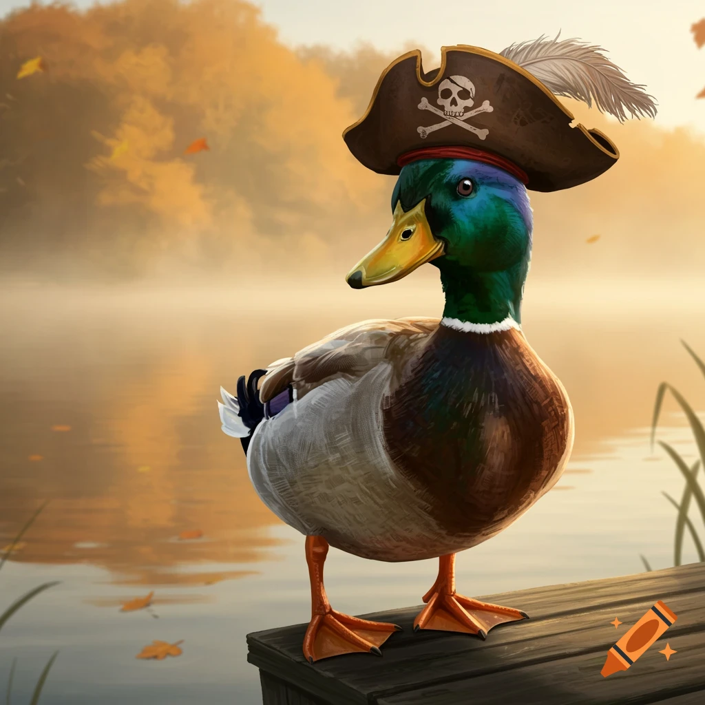 A mallard duck wearing a brown pirate hat with a skull and crossbones emblem stands on a wooden dock by a calm lake at sunset.