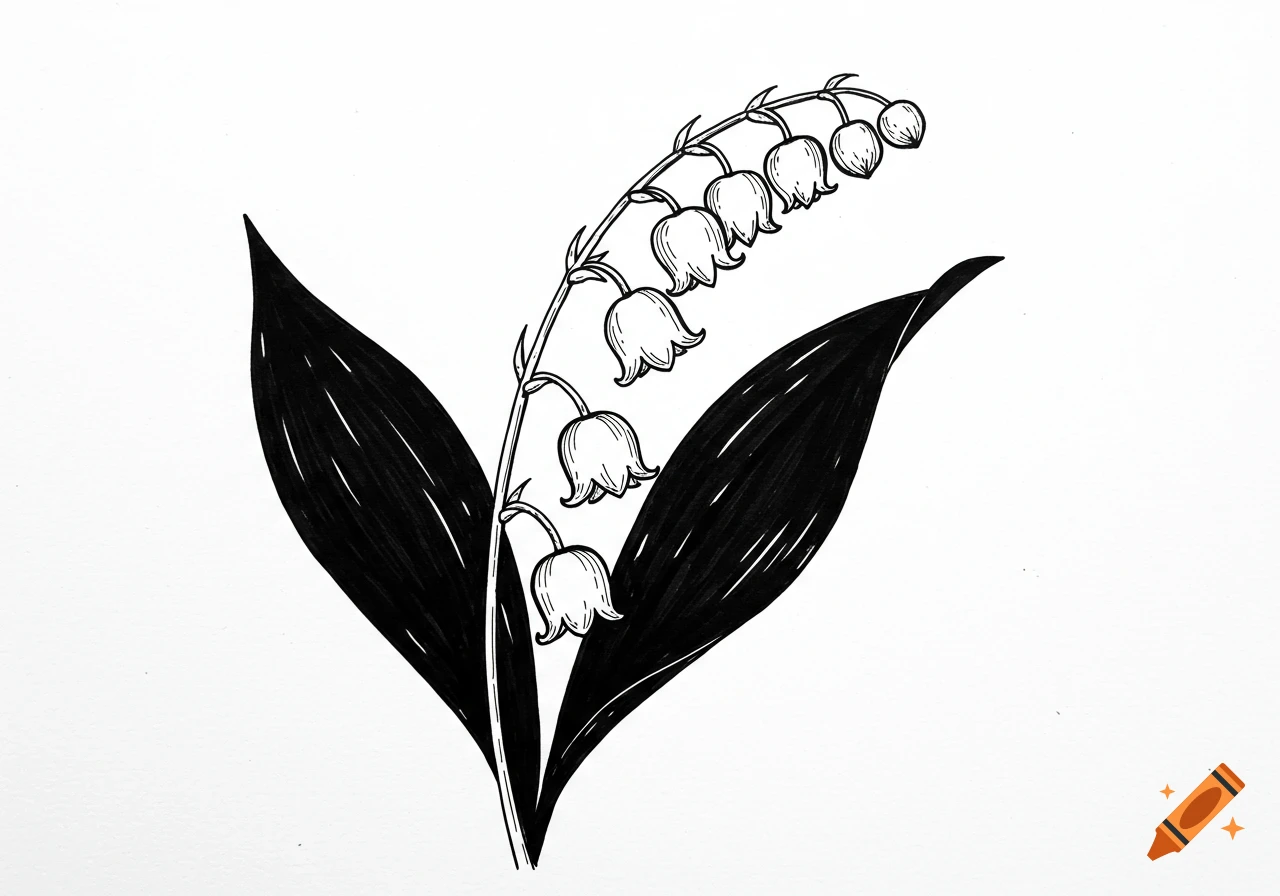 A black and white ink drawing of a lily of the valley plant featuring a stem with bell-shaped flowers and two large leaves.