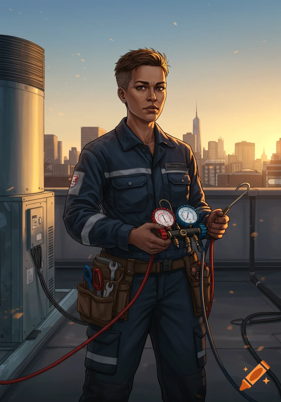 A female HVAC technician with short hair stands on a city rooftop at sunset, holding a manifold gauge set, in a detailed digital art style.