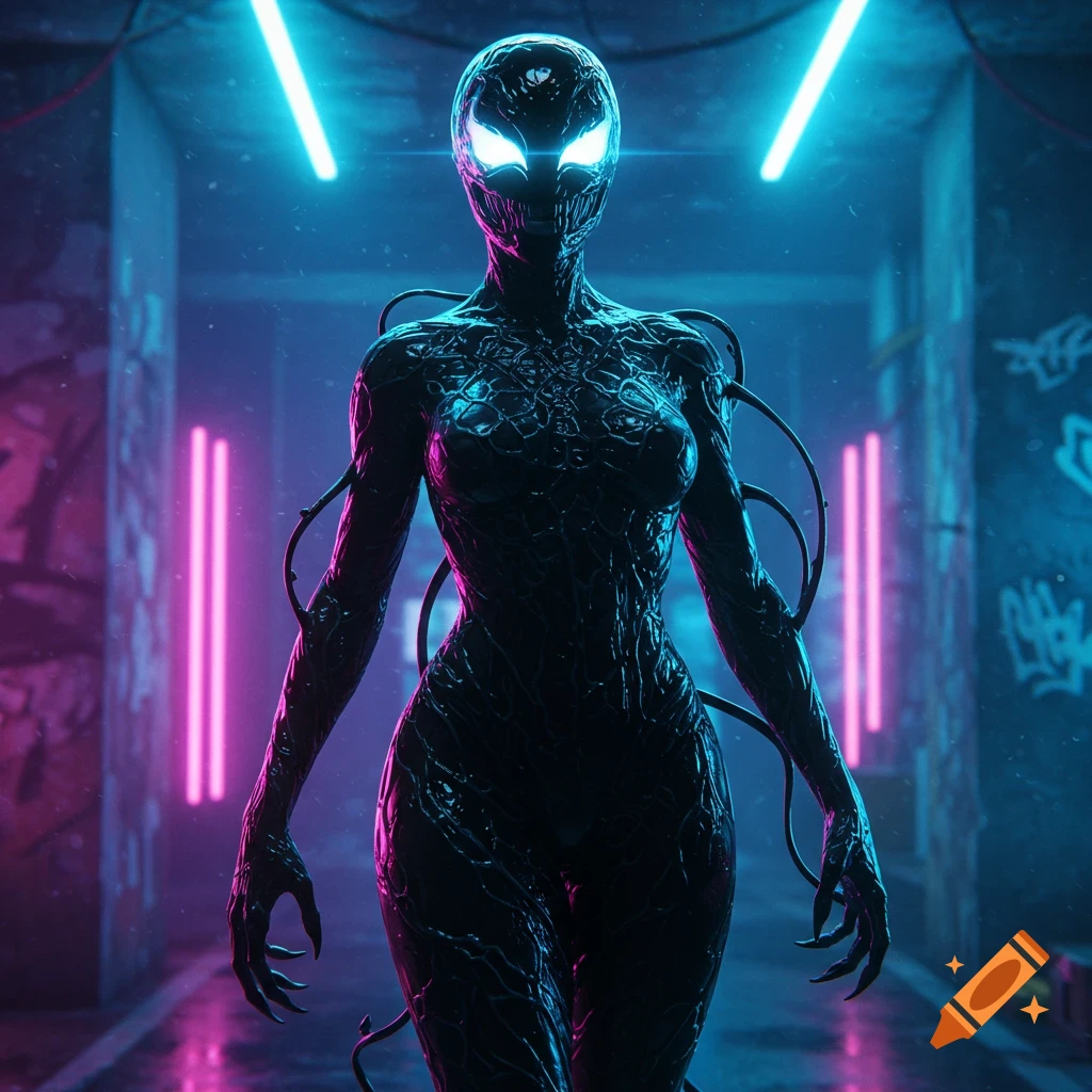 A dark, monstrous symbiote-like creature with glowing eyes stands in a neon-lit alley.