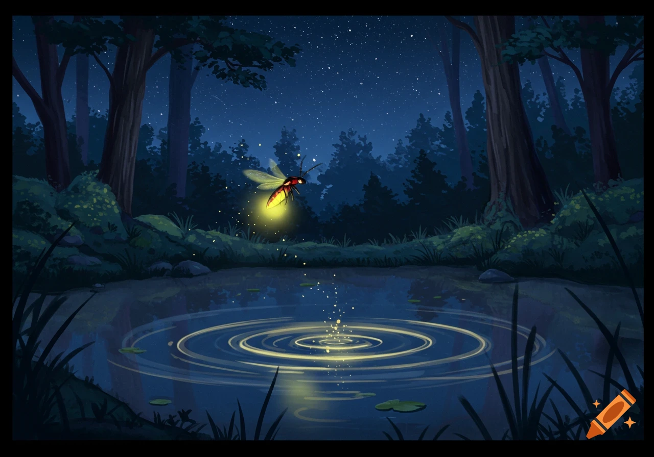 A glowing firefly hovers above a pond in a dark forest at night, its light creating ripples on the water. Illustrated style.