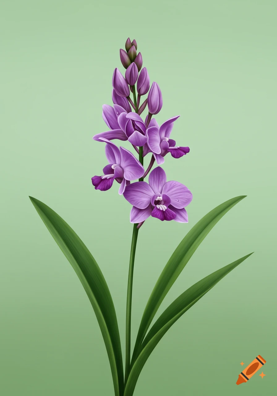 A vibrant purple orchid with green leaves stands against a soft pastel green background, depicted in a digital illustration style.
