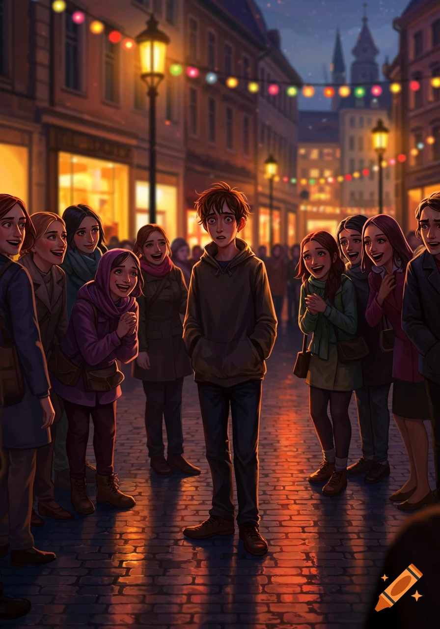 Illustrated scene of a young man looking uncomfortable on a cobblestone street, surrounded by laughing people, illuminated by streetlights and string lights at night.