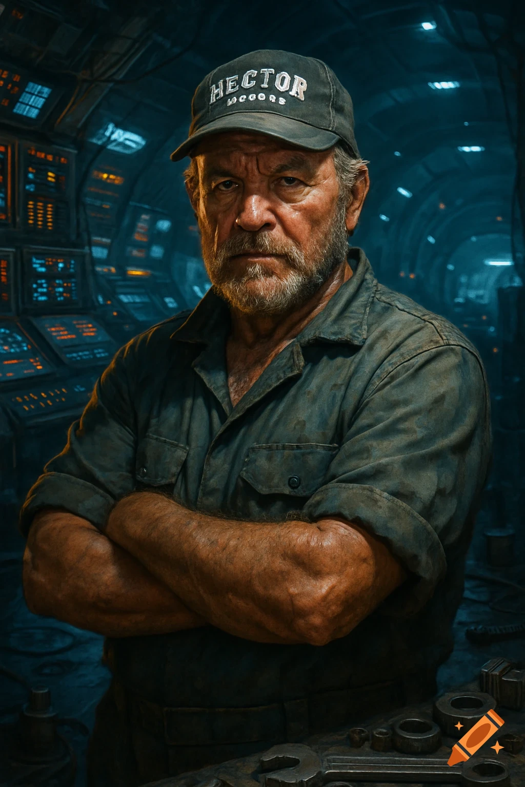 A photorealistic portrait of a gruff, middle-aged spaceship mechanic with a beard, wearing a hat that says "HECTOR" and a work shirt, arms crossed, standing in a sci-fi corridor.