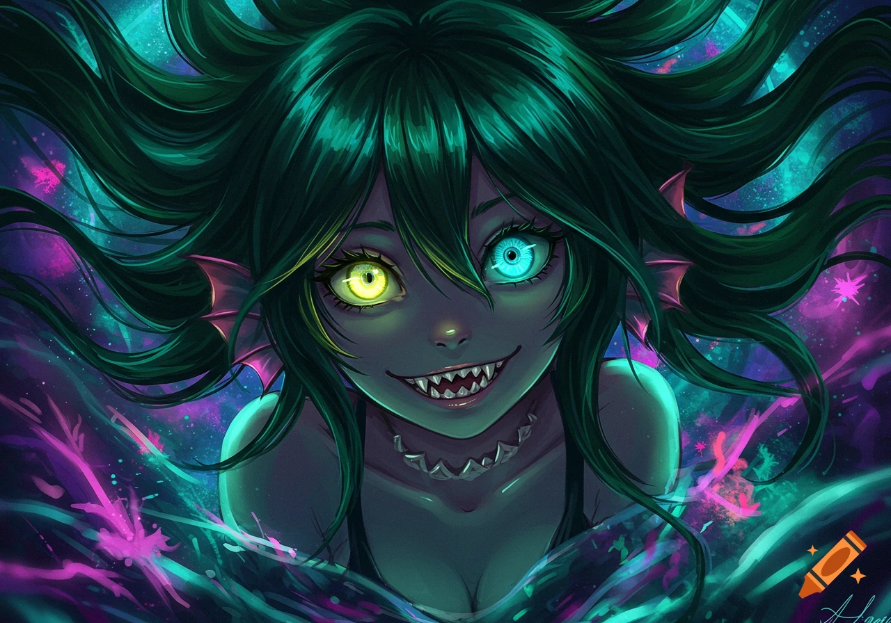 An anime girl with green hair, glowing yellow and blue eyes, and shark teeth smiles amidst abstract neon lights.