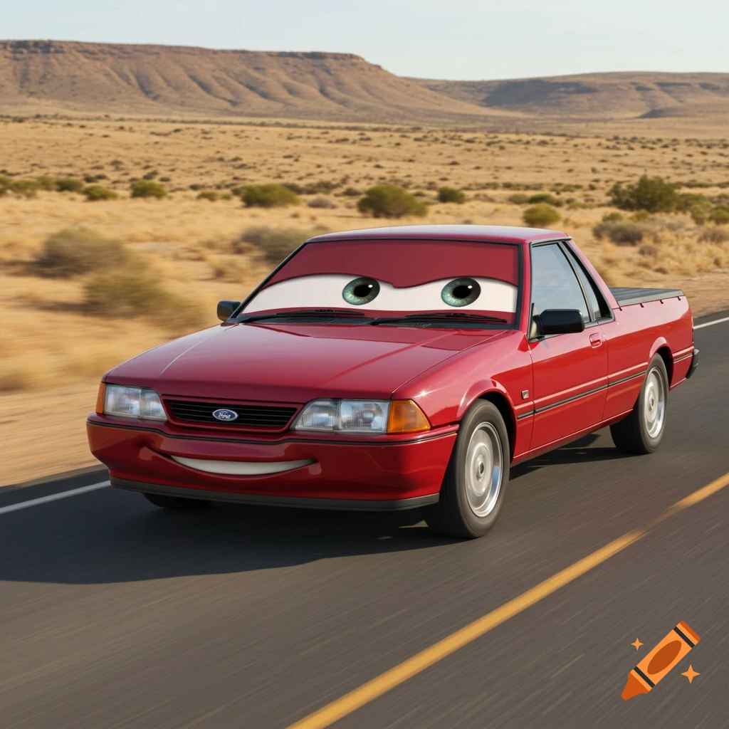 A red Ford Falcon Ute with cartoon eyes and a smile, in the style of Pixar Cars, drives on a desert road with mountains in the background.