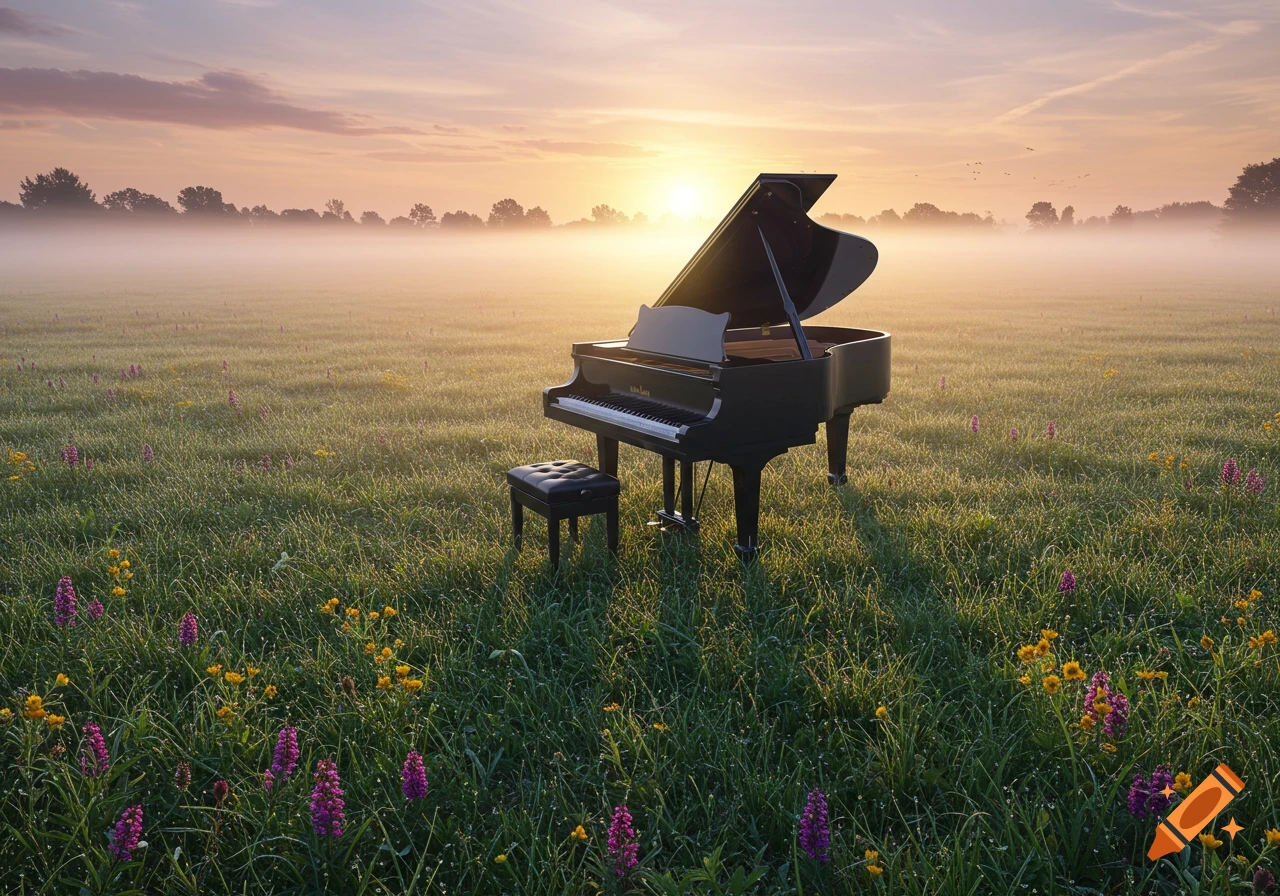 A grand piano and stool sit in a misty, dewy green field filled with wildflowers under a sunrise sky.