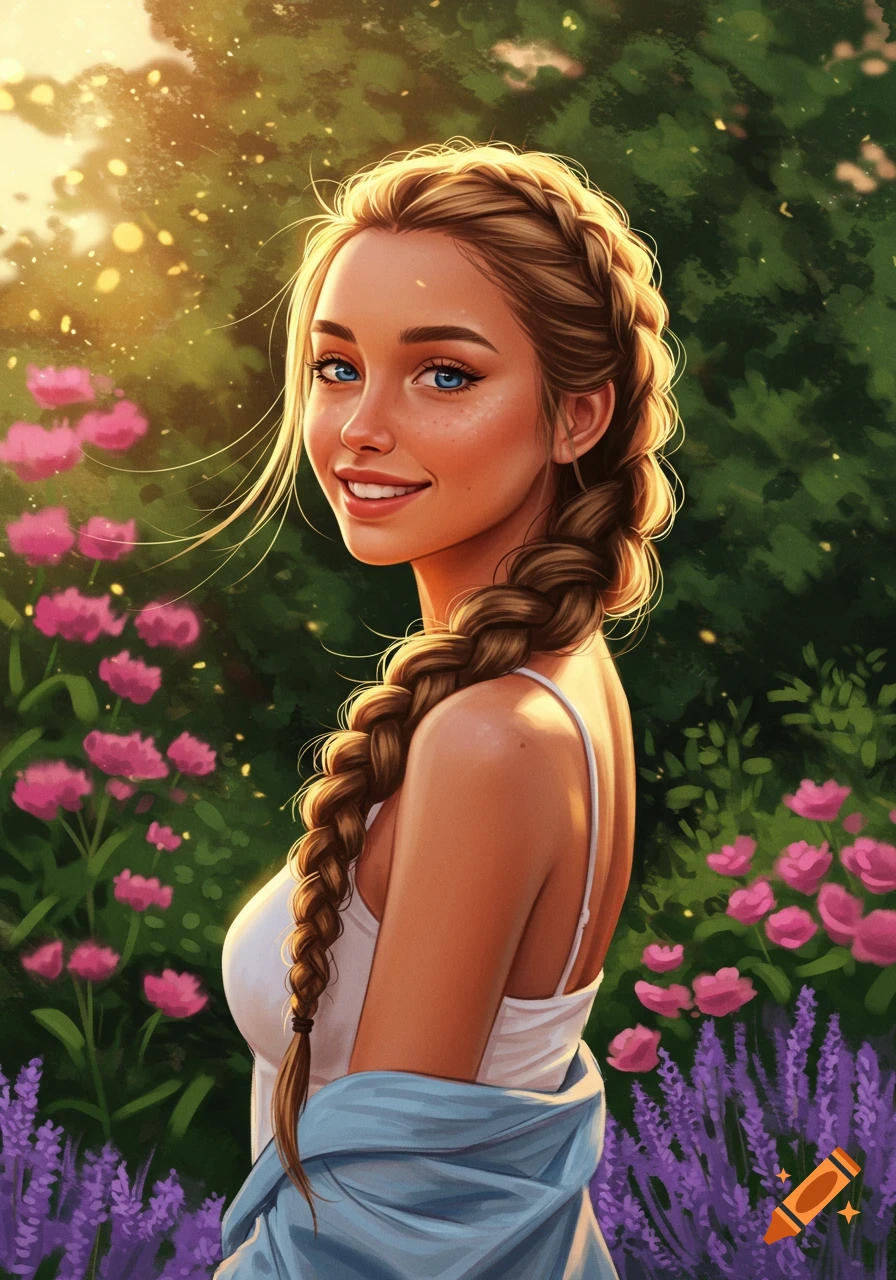 An illustration of a smiling young woman with a blonde French braid and blue eyes, standing in a sunny garden with pink and purple flowers.
