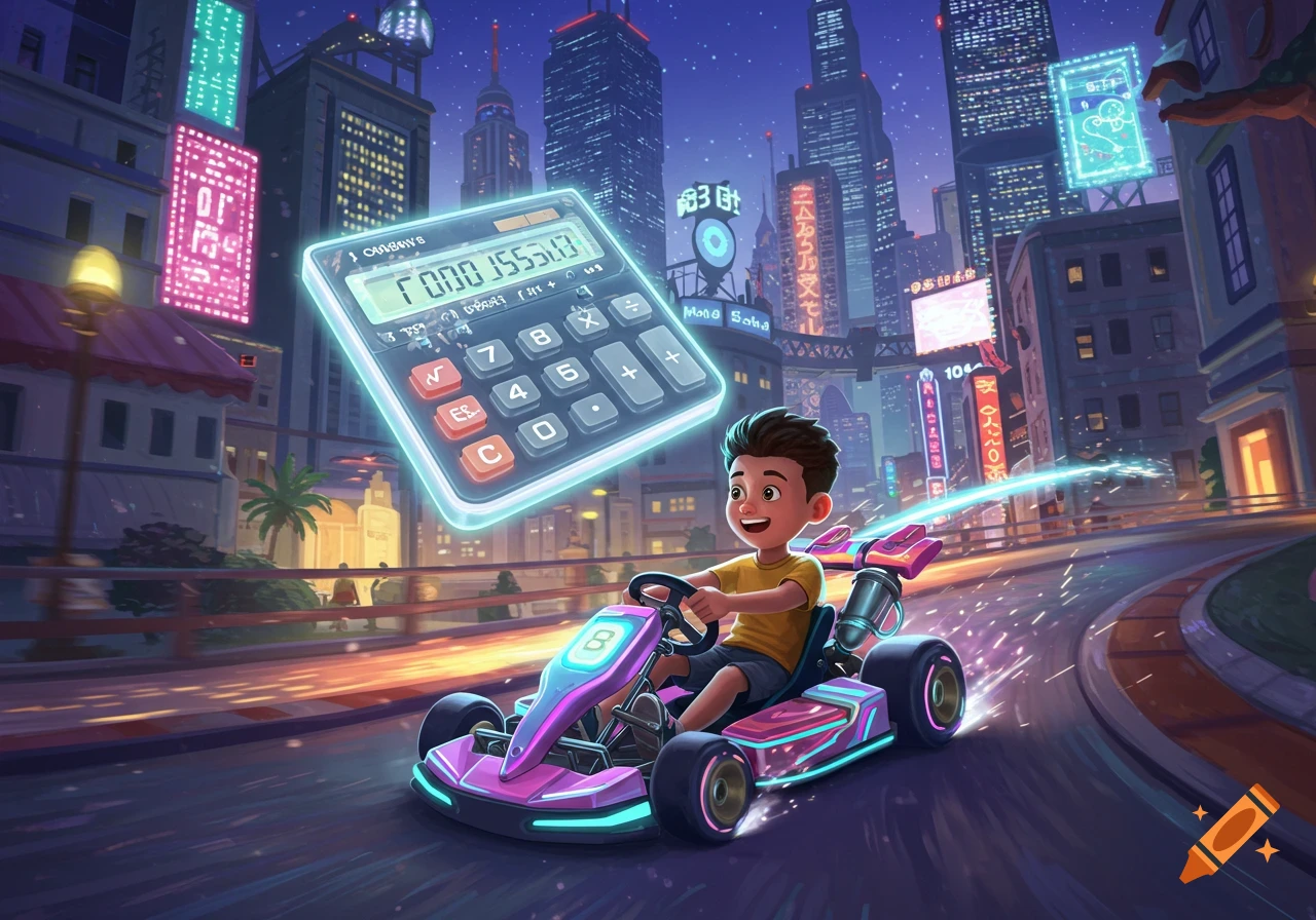 A cartoon boy grins as he races a pink go-kart through a vibrant, futuristic city at night, with a large, glowing calculator floating above him.