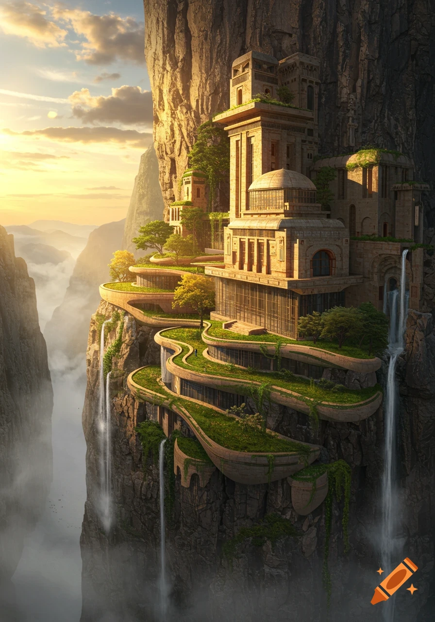 A majestic, multi-tiered building with green terraces and waterfalls carved into a towering cliff face at sunset.