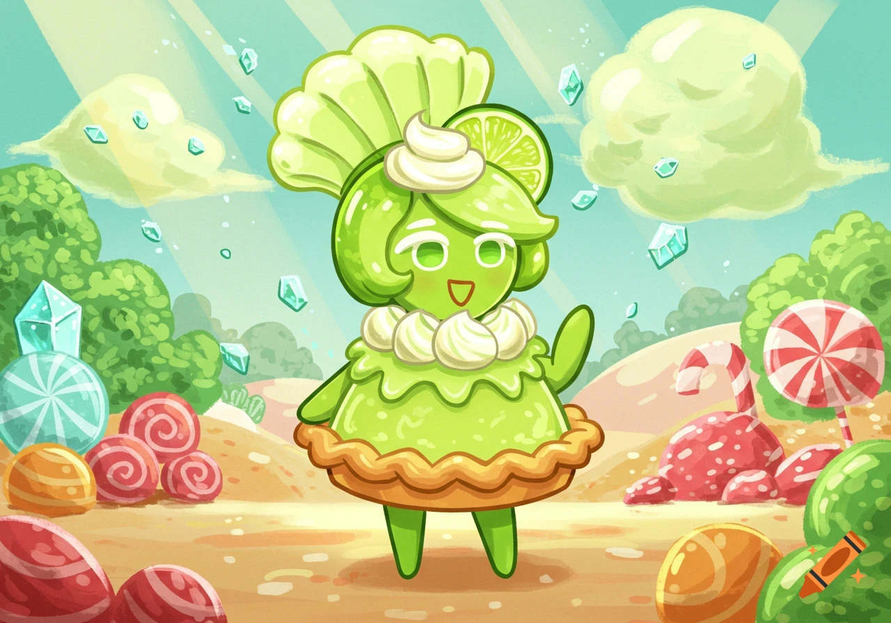 A cute, green key lime pie character with a whipped cream collar and lime slice hat stands in a vibrant cartoon candy land with lollipops and crystals.
